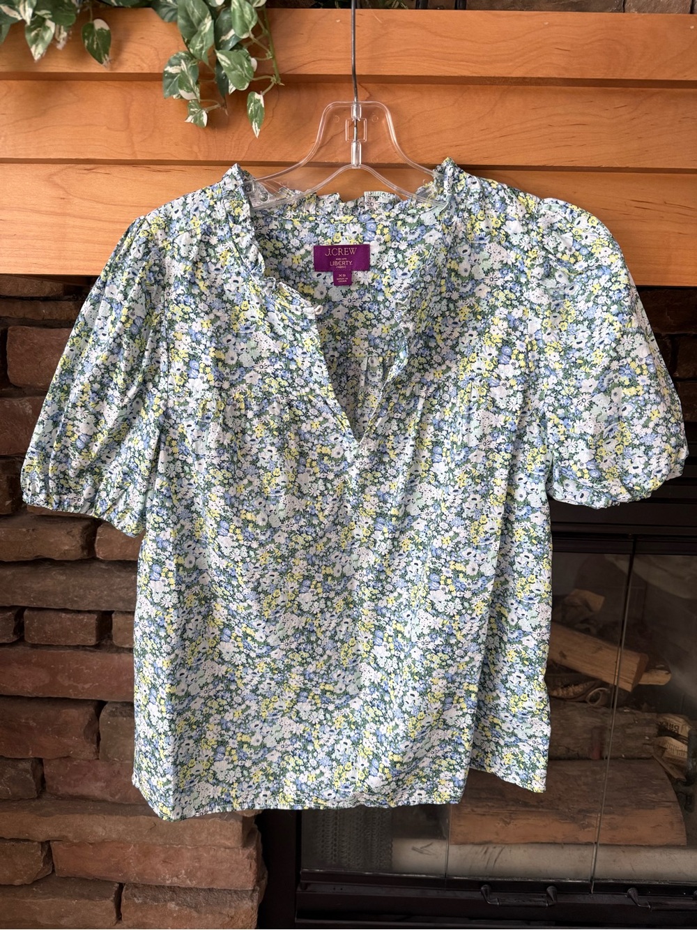 J. Crew Liberty Thorpe Hill Floral Puff-Sleeve Blouse in Blue & Green Size XS